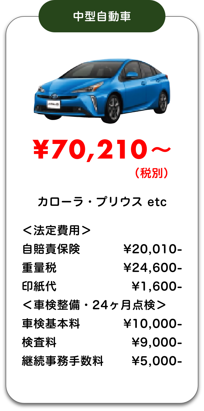 中型自動車｜¥70,210〜（税別）｜カローラ・プリウス etc